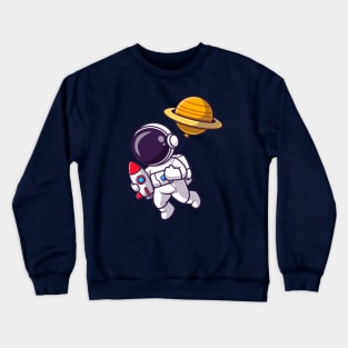 Cute Astronaut Holding Rocket With Planet Balloon Cartoon Crewneck Sweatshirt